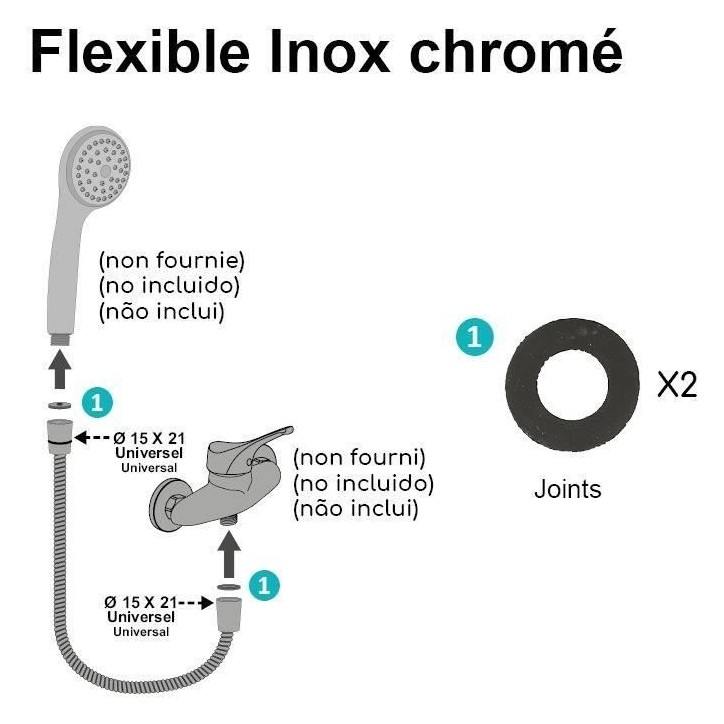 Flexible de douche - ROUSSEAU - Écrous métal anti-torsion - Réducteur de débit - Longueur 1m50 - Inox chromé double agrafag