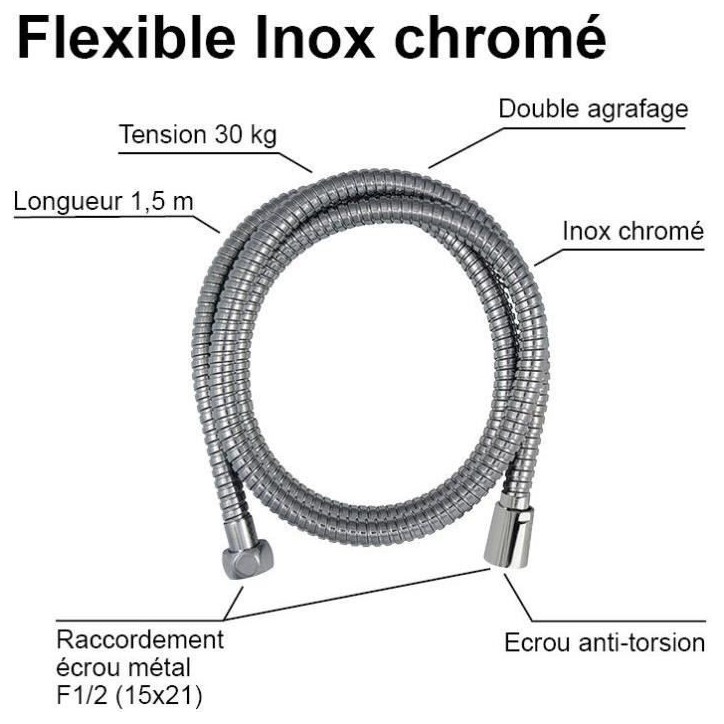 Flexible de douche - ROUSSEAU - Écrous métal anti-torsion - Réducteur de débit - Longueur 1m50 - Inox chromé double agrafag