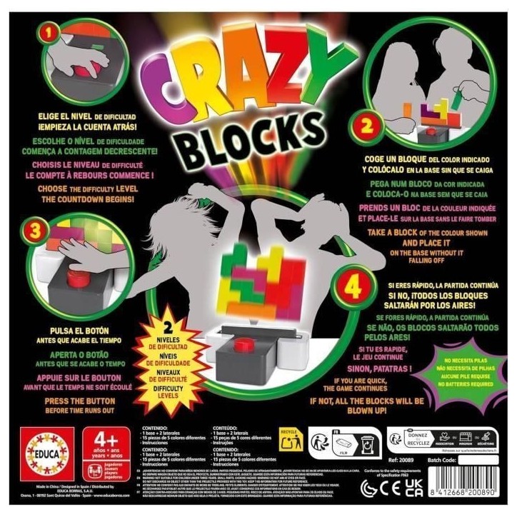 Jeu d'adresse - EDUCA - CRAZY BLOCKS - 15 blocs colorés - a partir de 4 ans - 2 joueurs ou plus