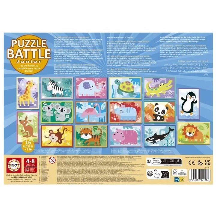 Puzzle - EDUCA - Battle Jr Animals - 16 puzzles - 9 pieces par puzzle - Pour enfants a partir de 4 ans Puzzle - EDUCA - Battle Jr Animals - 16 puzzles - 9 pieces par puzzle - Pour enfants a partir de 4 ans