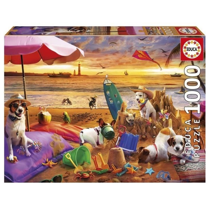 Puzzle - EDUCA - Chiens Jouant a la Plage - 1000 pieces - 68 x 48 cm - a partir de 12 ans