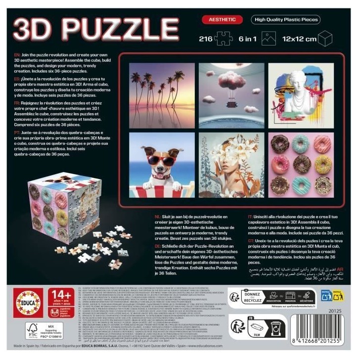 Puzzle 3D - EDUCA - Cube Aesthetic - 216 Pieces - 6 Puzzles de 36 Pieces - Défi 8 Ans + (20125) Puzzle 3D - EDUCA - Cube Aesthetic - 216 Pieces - 6 Puzzles de 36 Pieces - Défi 8 Ans + (20125)