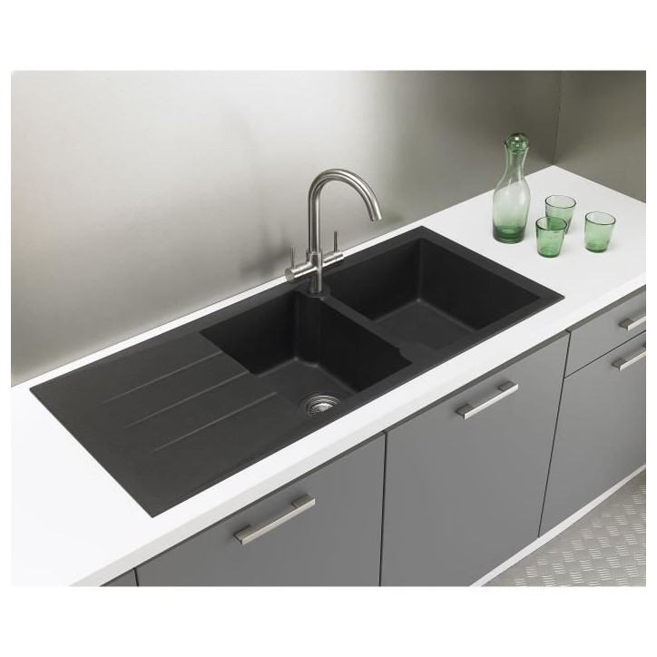 STRADOUR Evier cuisine a encastrer 2 bacs + 1 égouttoir Aloa - Résine - 116 x 50 cm - Noir