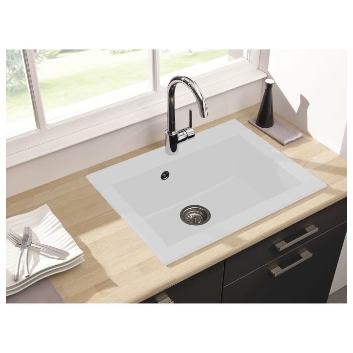 STRADOUR Evier cuisine a encastrer 1 bac sans égouttoir Hexo - Résine - 66 x 50 cm - Blanc