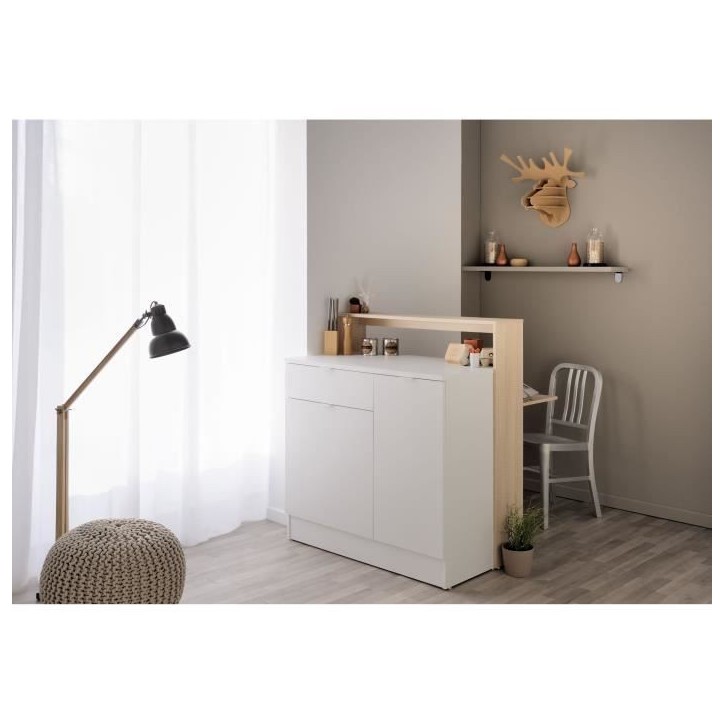 KEY - Meuble multifonctions - Module cuisine 2 portes 1 tiroir / Bar / Travail - 103,5 x 59 x 115 cm - Chene / Blanc - PARISOT