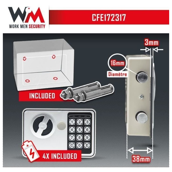 Coffre fort électronique - Work Men Security - CFE172317 - Dimensions extérieur 17 x 23 x 17 cm