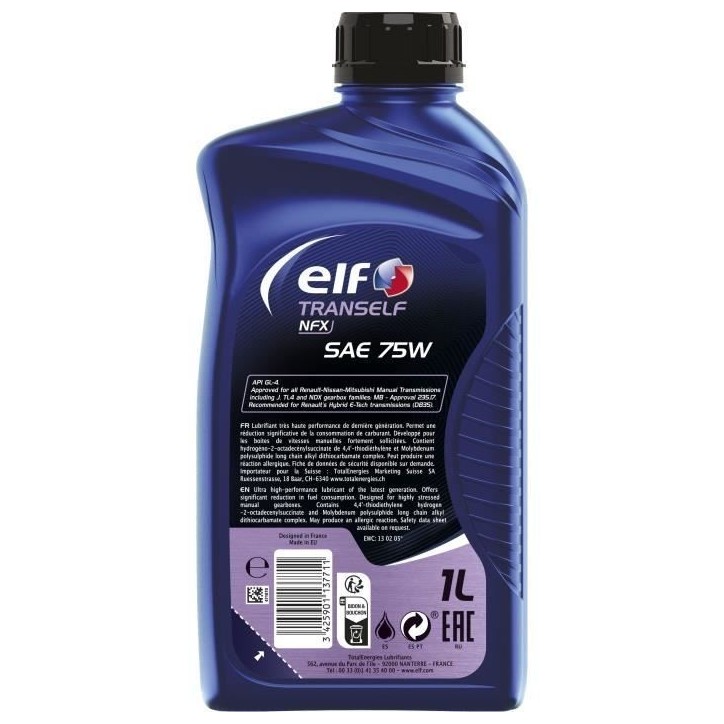 Huile de transmission - ELF - Tranself NFX SAE 75W - 1L Huile de transmission - ELF - Tranself NFX SAE 75W - 1L