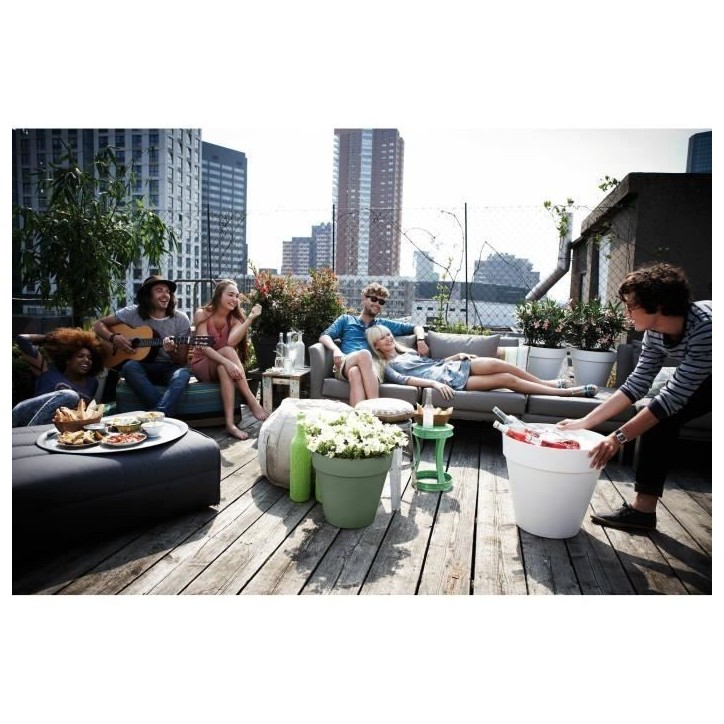 ELHO Pot de fleurs Rond LOFT URBAN - Plastique - Percé - Réservoir - Avec roulettes - Ø38,5 x H35,3 cm - Vert