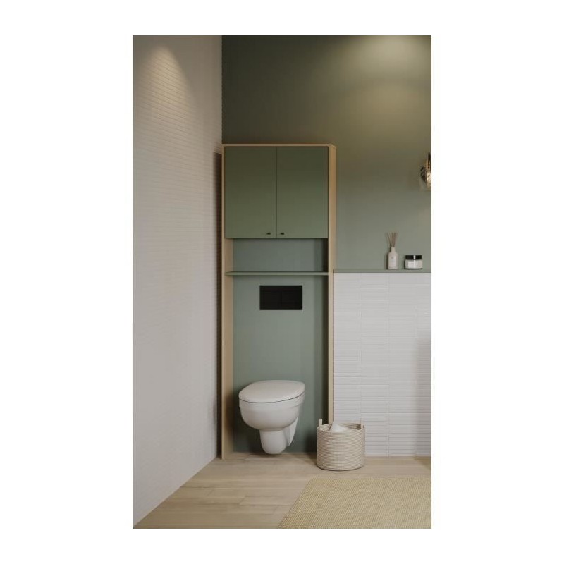 Meuble WC dessus de toilettes - Vert et chene - 2 portes - L64 x P20 x