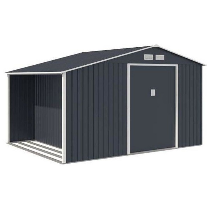 Abri de jardin en métal et abri bûches 8,72 m² - 342 x 255 x 202 - NOVA - Kit d'ancrage inclus, 2 portes coulissantes - Gris Abri de jardin en métal et abri bûches 8,72 m² - 342 x 255 x 202 - NOVA - Kit d'ancrage inclus, 2 portes coulissantes - Gris