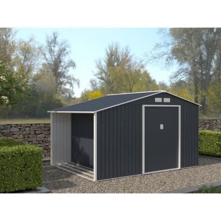 Abri de jardin en métal et abri bûches 8,72 m² - 342 x 255 x 202 - NOVA - Kit d'ancrage inclus, 2 portes coulissantes - Gris