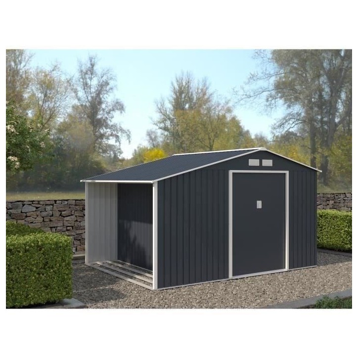 Abri de jardin en métal et abri bûches 8,72 m² - 342 x 255 x 202 - NOVA - Kit d'ancrage inclus, 2 portes coulissantes - Gris Abri de jardin en métal et abri bûches 8,72 m² - 342 x 255 x 202 - NOVA - Kit d'ancrage inclus, 2 portes coulissantes - Gris