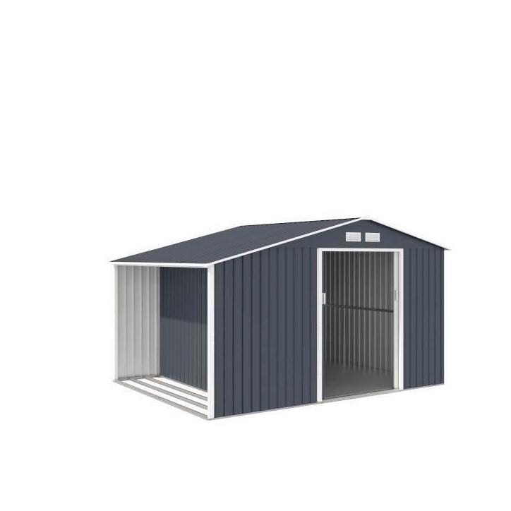 Abri de jardin en métal et abri bûches 8,72 m² - 342 x 255 x 202 - NOVA - Kit d'ancrage inclus, 2 portes coulissantes - Gris Abri de jardin en métal et abri bûches 8,72 m² - 342 x 255 x 202 - NOVA - Kit d'ancrage inclus, 2 portes coulissantes - Gris
