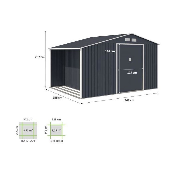 Abri de jardin en métal et abri bûches 8,72 m² - 342 x 255 x 202 - NOVA - Kit d'ancrage inclus, 2 portes coulissantes - Gris Abri de jardin en métal et abri bûches 8,72 m² - 342 x 255 x 202 - NOVA - Kit d'ancrage inclus, 2 portes coulissantes - Gris