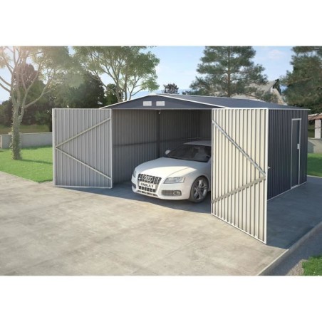 Abri de jardin / Garage en métal 16 m² - 380 x 420 x 232 - COMET - Kit d'ancrage, 2 portes coulissantes , 1 porte latérale Gr
