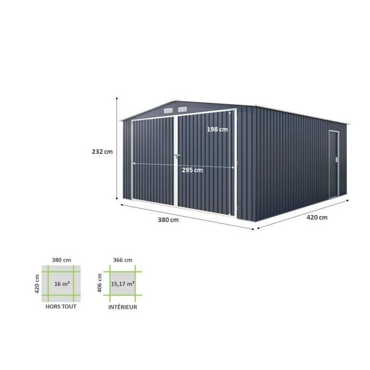 Abri de jardin / Garage en métal 16 m² - 380 x 420 x 232 - COMET - Kit d'ancrage, 2 portes coulissantes , 1 porte latérale Gr Abri de jardin / Garage en métal 16 m² - 380 x 420 x 232 - COMET - Kit d'ancrage, 2 portes coulissantes , 1 porte latérale Gr