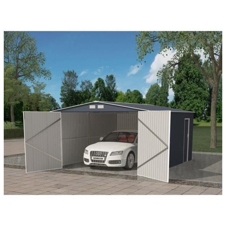 Abri de jardin / Garage en métal 18,2 m² - 380 x 480 x 232 - ORION Kit d'ancrage, 2 portes coulissantes frontale, 1 porte lat Abri de jardin / Garage en métal 18,2 m² - 380 x 480 x 232 - ORION Kit d'ancrage, 2 portes coulissantes frontale, 1 porte lat