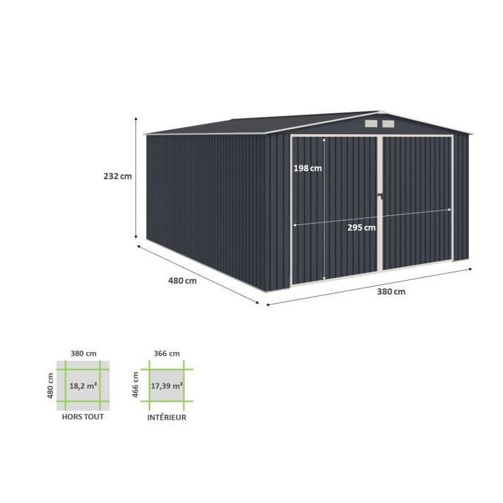 Abri de jardin / Garage en métal 18,2 m² - 380 x 480 x 232 - ORION Kit d'ancrage, 2 portes coulissantes frontale, 1 porte lat Abri de jardin / Garage en métal 18,2 m² - 380 x 480 x 232 - ORION Kit d'ancrage, 2 portes coulissantes frontale, 1 porte lat