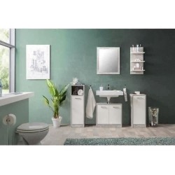 Salle de bain complete - Blanc et gris béton - 1 meuble sous lavabo +
