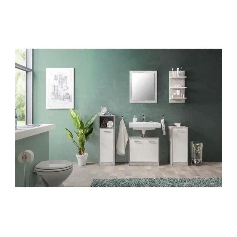 Salle de bain complete - Blanc et gris béton - 1 meuble sous lavabo + Salle de bain complete - Blanc et gris béton - 1 meuble sous lavabo +