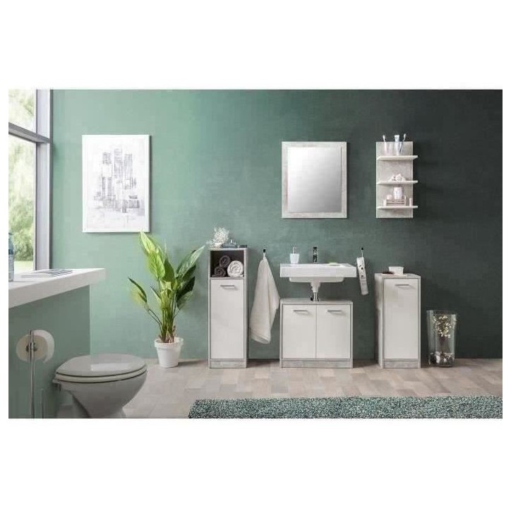 Salle de bain complete - Blanc et gris béton - 1 meuble sous lavabo + 1 étagere + 2 rangements bas - MADEIRA Salle de bain complete - Blanc et gris béton - 1 meuble sous lavabo + 1 étagere + 2 rangements bas - MADEIRA