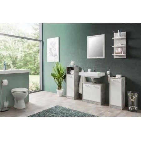 Salle de bain complete - Blanc et gris béton - 1 meuble sous lavabo + 1 étagere + 2 rangements bas - MADEIRA