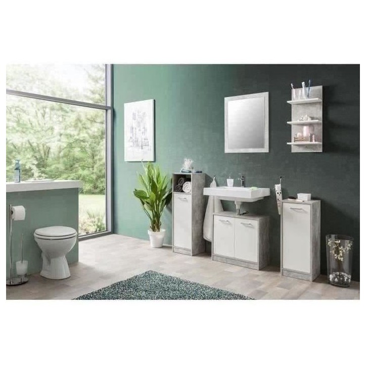 Salle de bain complete - Blanc et gris béton - 1 meuble sous lavabo + 1 étagere + 2 rangements bas - MADEIRA Salle de bain complete - Blanc et gris béton - 1 meuble sous lavabo + 1 étagere + 2 rangements bas - MADEIRA