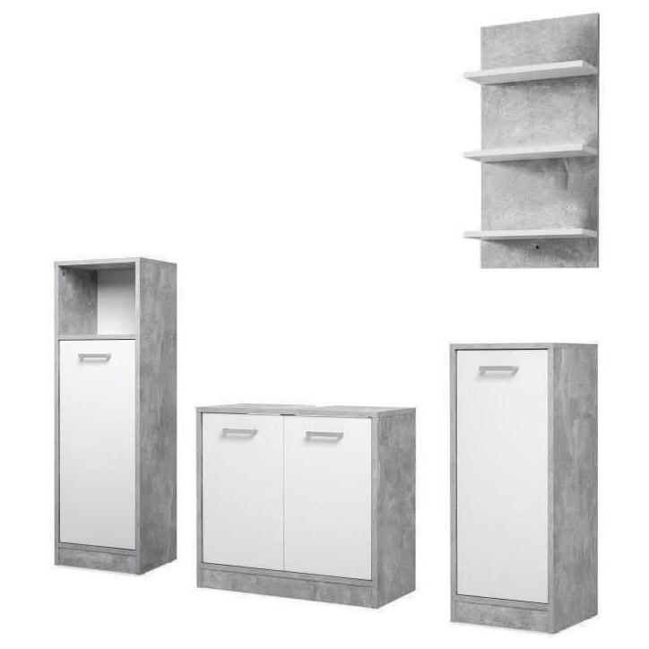 Salle de bain complete - Blanc et gris béton - 1 meuble sous lavabo + 1 étagere + 2 rangements bas - MADEIRA Salle de bain complete - Blanc et gris béton - 1 meuble sous lavabo + 1 étagere + 2 rangements bas - MADEIRA