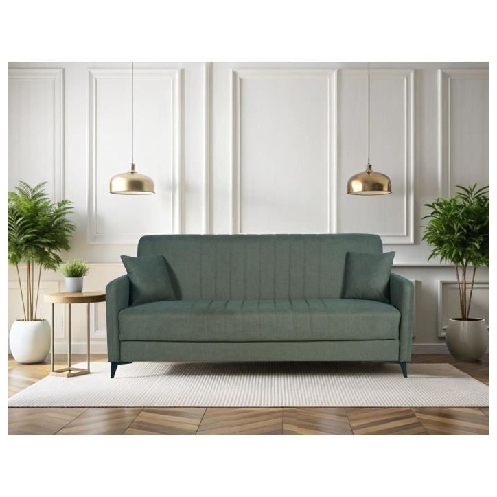 Canapé convertible - 3 places - ENZO - Tissu vert foncé - 2 coussins - Coffre de rangement - 211 x 92 x 98 cm Canapé convertible - 3 places - ENZO - Tissu vert foncé - 2 coussins - Coffre de rangement - 211 x 92 x 98 cm