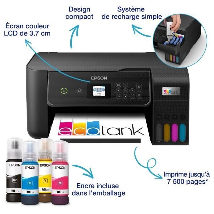 Imprimante multifonction A4 - EPSON - Ecotank ET-2870 - Wi-Fi - Réservoirs d'encre - 3 ans d'encre inclus Imprimante multifonction A4 - EPSON - Ecotank ET-2870 - Wi-Fi - Réservoirs d'encre - 3 ans d'encre inclus