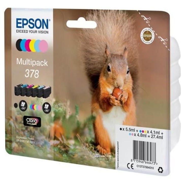 Cartouche d'encre EPSON Multipack 378 - Ecureuil - Noir, Jaune, Cyan, Magenta, Magenta clair, Cyan clair Cartouche d'encre EPSON Multipack 378 - Ecureuil - Noir, Jaune, Cyan, Magenta, Magenta clair, Cyan clair