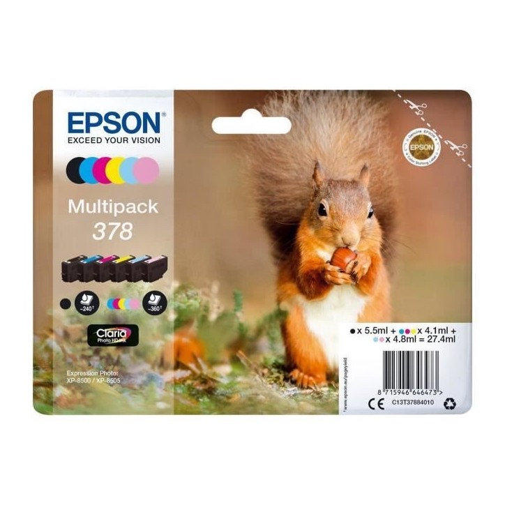 Cartouche d'encre EPSON Multipack 378 - Ecureuil - Noir, Jaune, Cyan, Magenta, Magenta clair, Cyan clair Cartouche d'encre EPSON Multipack 378 - Ecureuil - Noir, Jaune, Cyan, Magenta, Magenta clair, Cyan clair