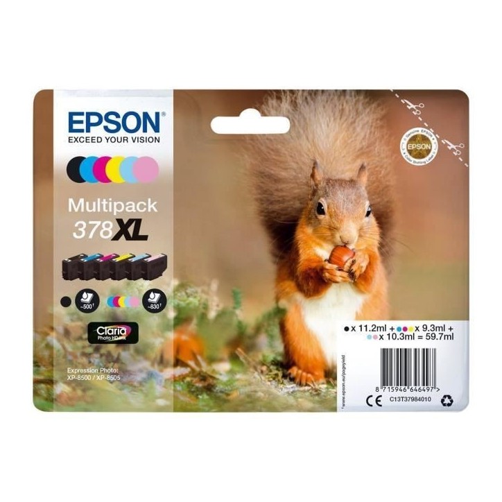 Cartouches d'encre Epson Multipack 378 XL - Noir, Jaune, Cyan, Magenta, Magenta clair, Cyan clair Cartouches d'encre Epson Multipack 378 XL - Noir, Jaune, Cyan, Magenta, Magenta clair, Cyan clair