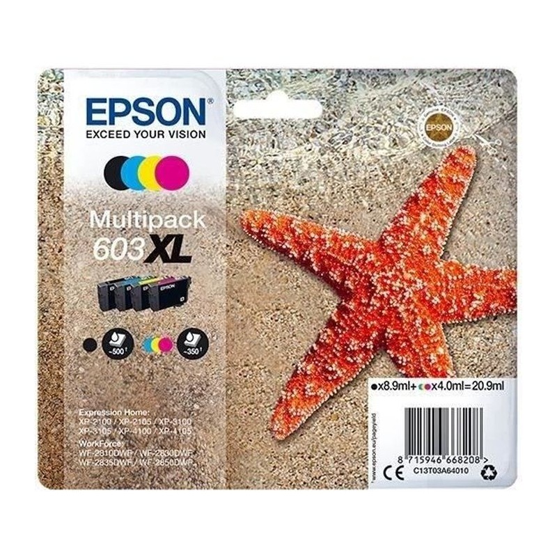 Kit d'encres EPSON Multipack 603 XL - Noir, Cyan, Magenta, Jaune Kit d'encres EPSON Multipack 603 XL - Noir, Cyan, Magenta, Jaune