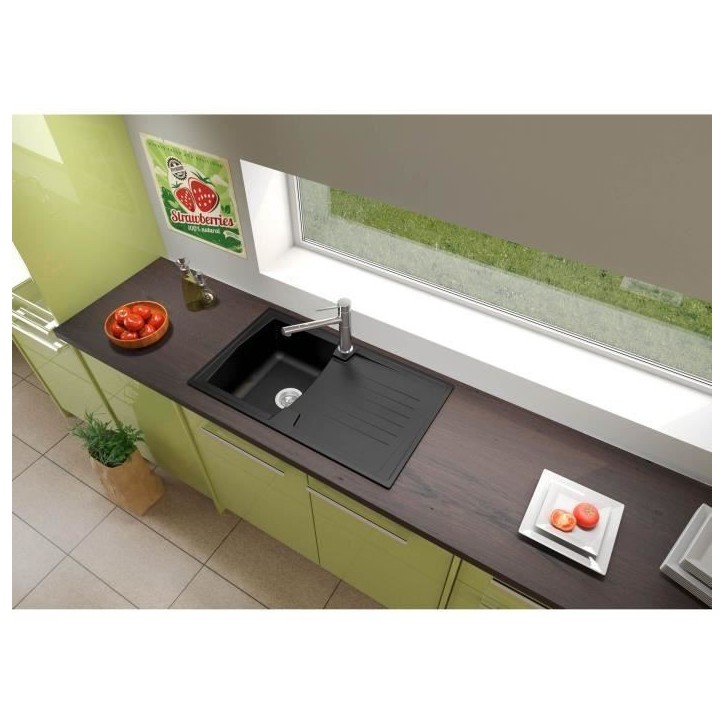 STRADOUR Evier cuisine a encastrer 1 bac + 1 égouttoir Arena - Résine - 86 x 50 cm - Noir