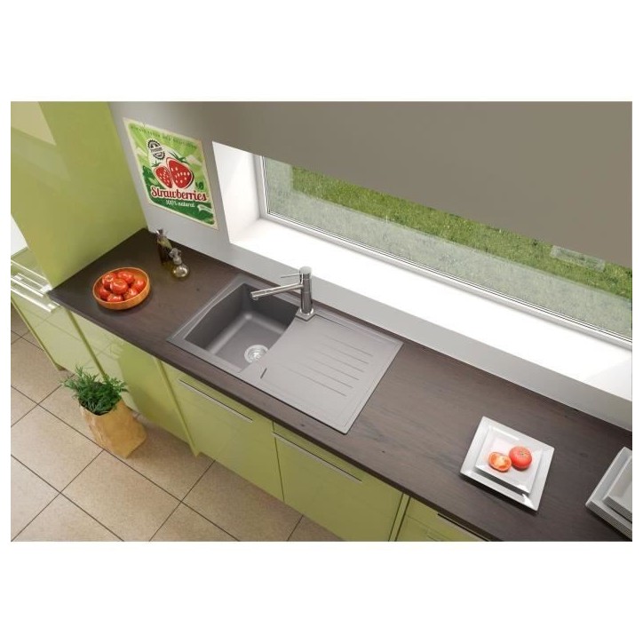 STRADOUR Evier cuisine a encastrer 1 bac + 1 égouttoir Arena - Résine - 86 x 50 cm - Gris béton STRADOUR Evier cuisine a encastrer 1 bac + 1 égouttoir Arena - Résine - 86 x 50 cm - Gris béton
