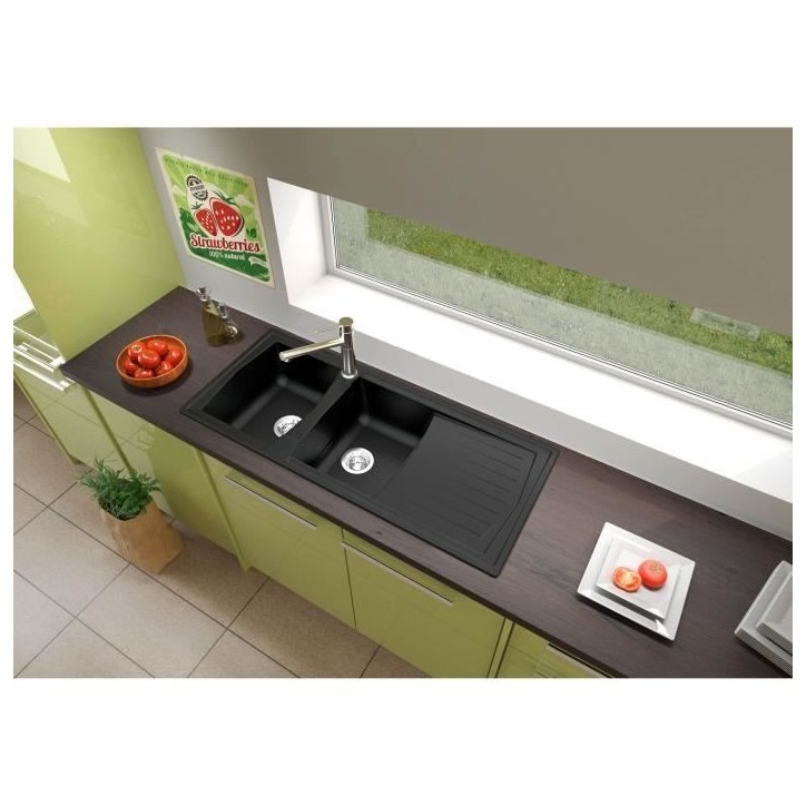 STRADOUR Evier cuisine a encastrer 2 bacs + 1 égouttoir Arena - Résine - 116 x 50 cm - Noir STRADOUR Evier cuisine a encastrer 2 bacs + 1 égouttoir Arena - Résine - 116 x 50 cm - Noir
