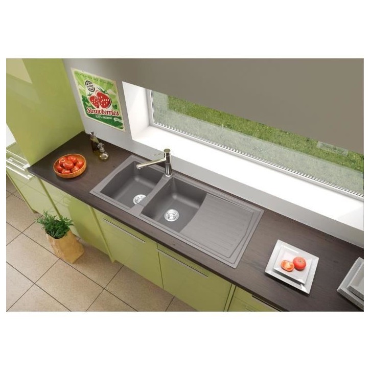 STRADOUR Evier cuisine a encastrer 2 bacs + 1 égouttoir Arena - Résine - 116 x 50 cm - Gris béton