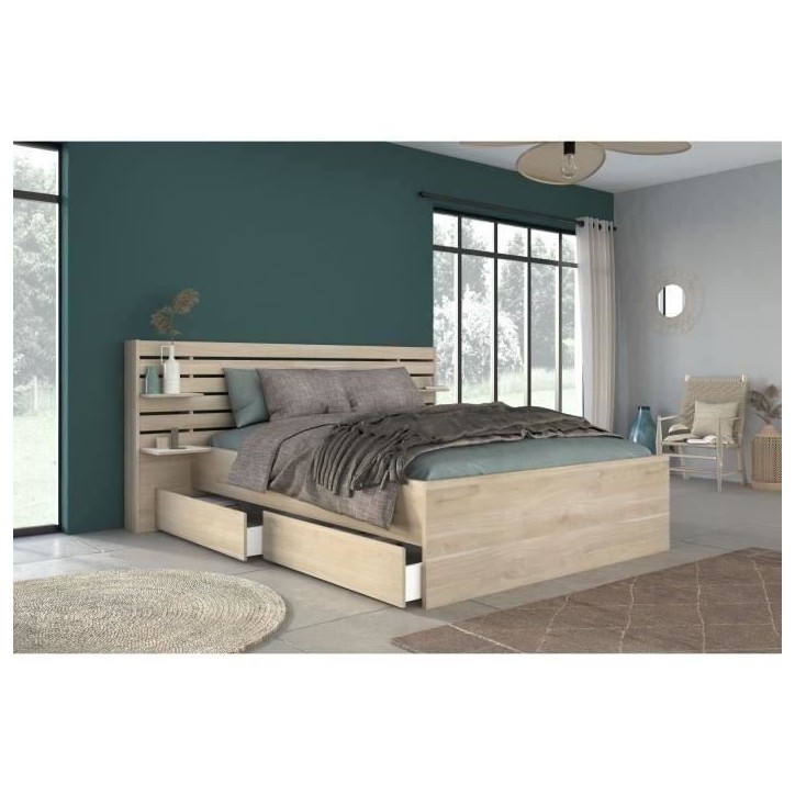Lit adulte ESCALE 160x200 cm - Décor chene du Japon - 2 tiroirs + Tete de lit - L222,8 x H98,2 x P216,8 cm - Fabriqué en Franc Lit adulte ESCALE 160x200 cm - Décor chene du Japon - 2 tiroirs + Tete de lit - L222,8 x H98,2 x P216,8 cm - Fabriqué en Franc