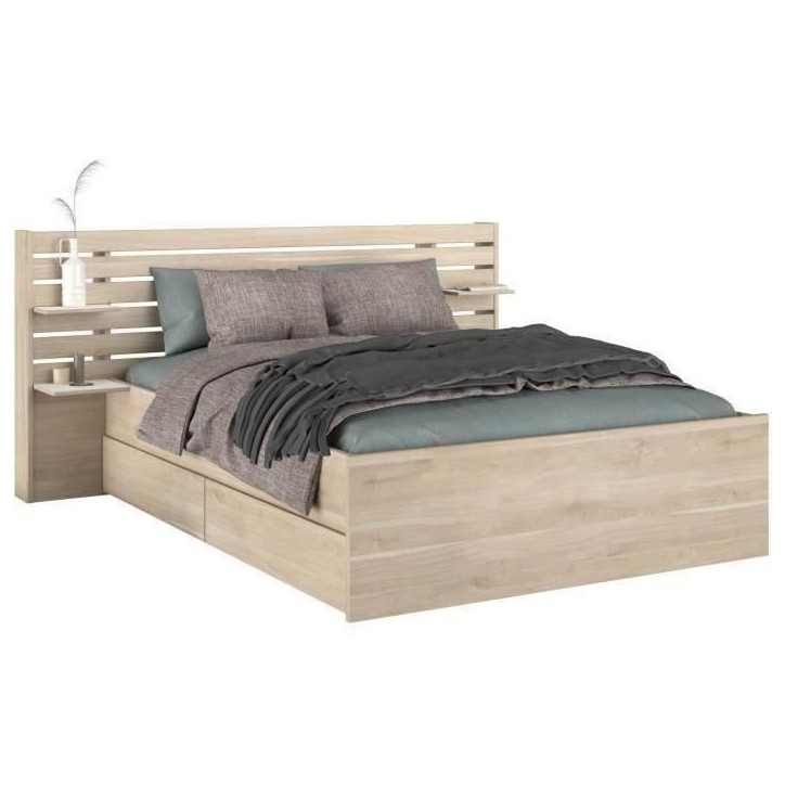 Lit adulte ESCALE 160x200 cm - Décor chene du Japon - 2 tiroirs + Tete de lit - L222,8 x H98,2 x P216,8 cm - Fabriqué en Franc Lit adulte ESCALE 160x200 cm - Décor chene du Japon - 2 tiroirs + Tete de lit - L222,8 x H98,2 x P216,8 cm - Fabriqué en Franc