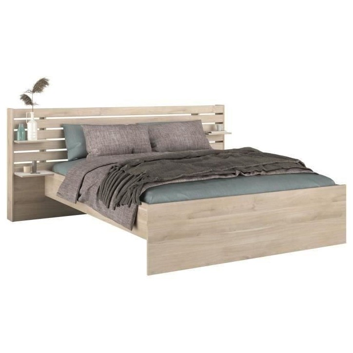 Lit adulte ESCALE 160x200 cm - Décor chene du Japon - 2 tiroirs + Tete de lit - L222,8 x H98,2 x P216,8 cm - Fabriqué en Franc Lit adulte ESCALE 160x200 cm - Décor chene du Japon - 2 tiroirs + Tete de lit - L222,8 x H98,2 x P216,8 cm - Fabriqué en Franc