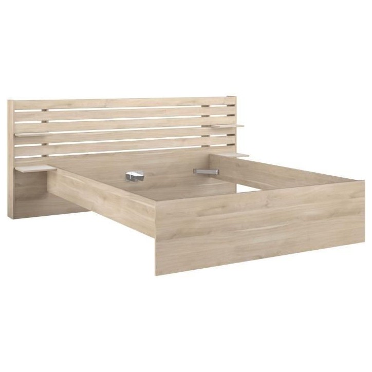 Lit adulte ESCALE 160x200 cm - Décor chene du Japon - 2 tiroirs + Tete de lit - L222,8 x H98,2 x P216,8 cm - Fabriqué en Franc Lit adulte ESCALE 160x200 cm - Décor chene du Japon - 2 tiroirs + Tete de lit - L222,8 x H98,2 x P216,8 cm - Fabriqué en Franc