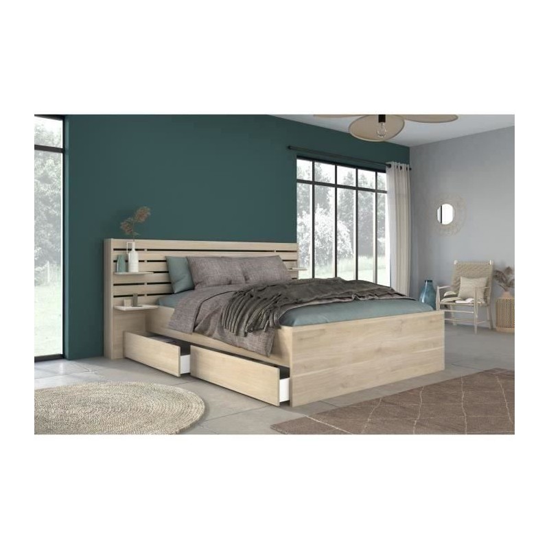 ESCALE Lit adulte 140x190 / 200 cm - Tete de lit + 2 tiroirs - Décor ESCALE Lit adulte 140x190 / 200 cm - Tete de lit + 2 tiroirs - Décor