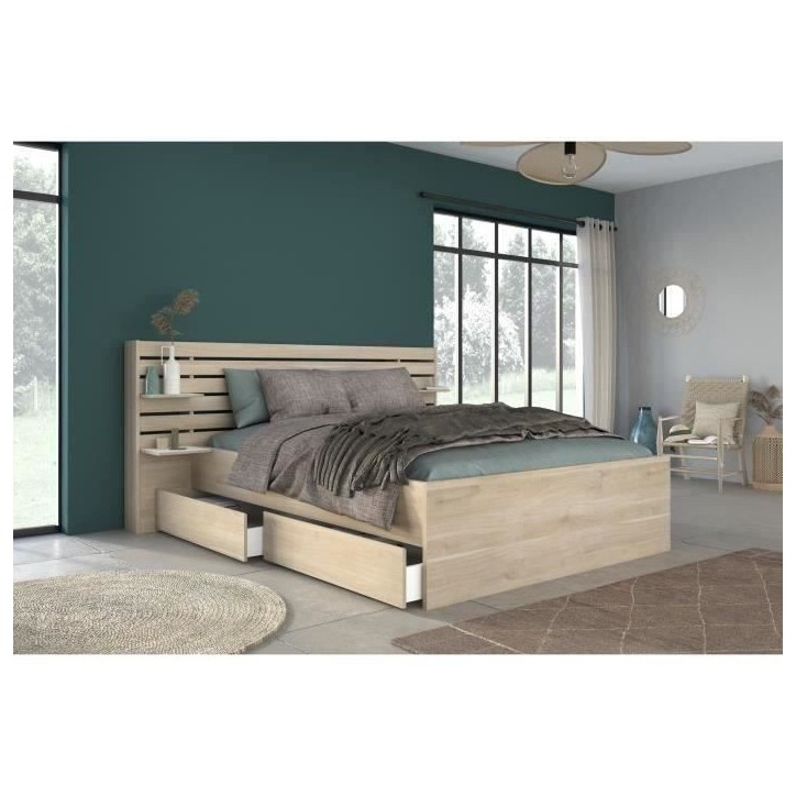 ESCALE Lit adulte 140x190 / 200 cm - Tete de lit + 2 tiroirs - Décor chene du Japon - PARISOT