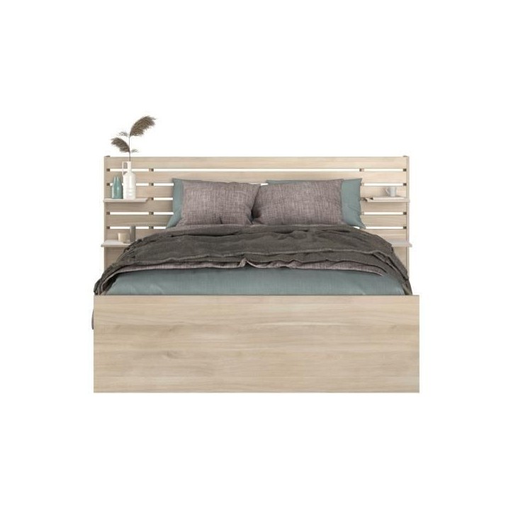 ESCALE Lit adulte 140x190 / 200 cm - Tete de lit + 2 tiroirs - Décor chene du Japon - PARISOT