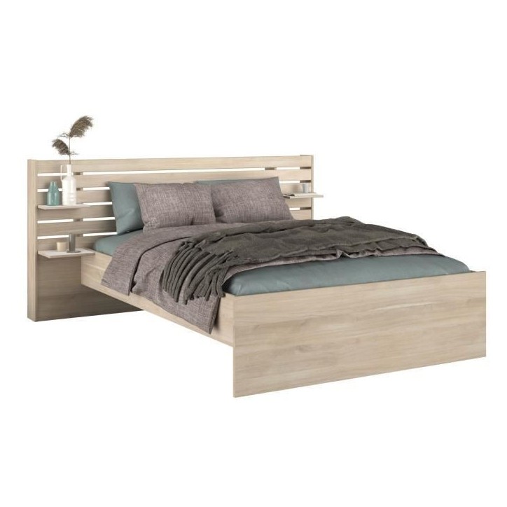 ESCALE Lit adulte 140x190 / 200 cm - Tete de lit + 2 tiroirs - Décor chene du Japon - PARISOT