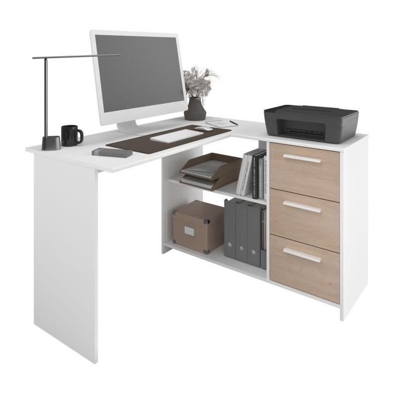 PARISOT Bureau d'angle 3 tiroirs - Décor Blanc / Chene - 121,2 x 74,5 PARISOT Bureau d'angle 3 tiroirs - Décor Blanc / Chene - 121,2 x 74,5