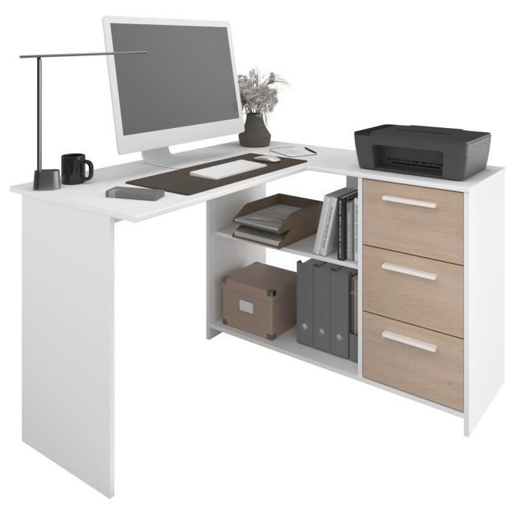 PARISOT Bureau d'angle 3 tiroirs - Décor Blanc / Chene - 121,2 x 74,5 x 111 cm - ESSENTIEL