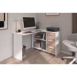 PARISOT Bureau d'angle 3 tiroirs - Décor Blanc / Chene - 121,2 x 74,5
