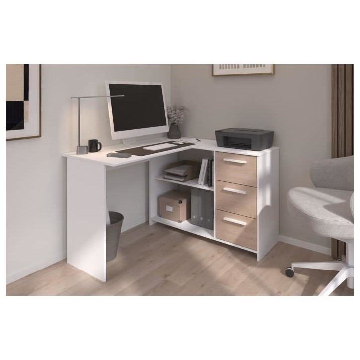 PARISOT Bureau d'angle 3 tiroirs - Décor Blanc / Chene - 121,2 x 74,5 x 111 cm - ESSENTIEL
